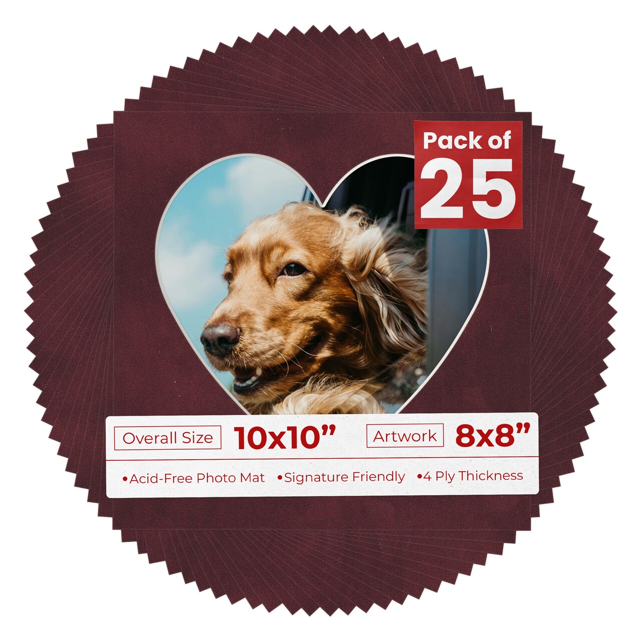 Dark Red Suede Mat Board for 10x10 Frames - Heart Opening for 8x8 Photos